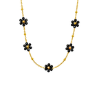 Goldene Halskette mit kleinen schwarzen Blumenanhängern